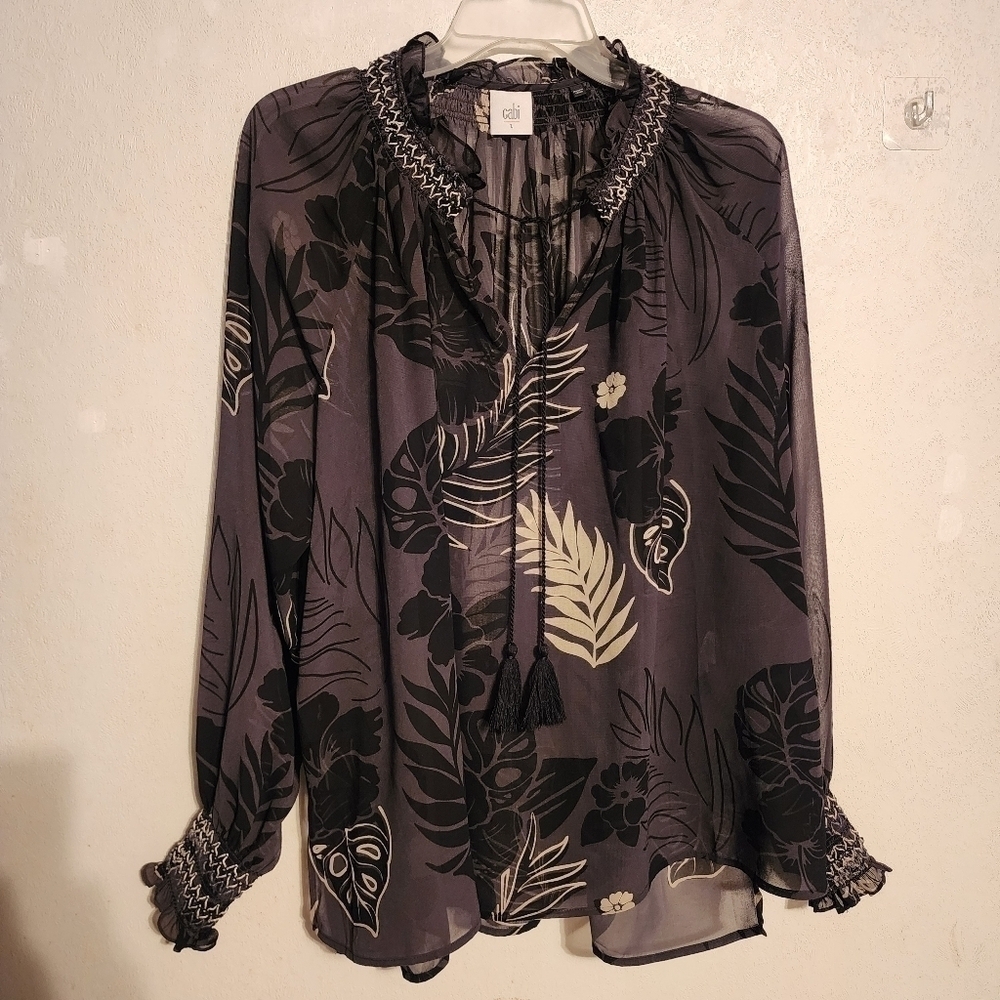 Cabi Aloha Tropical Sheer Peasant Blouse Tie Tassel Front Size L